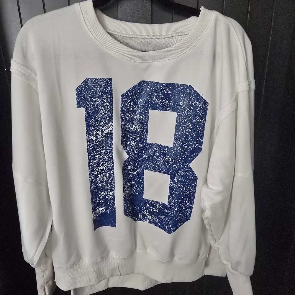 White Sweatshirt with Blue Number Print